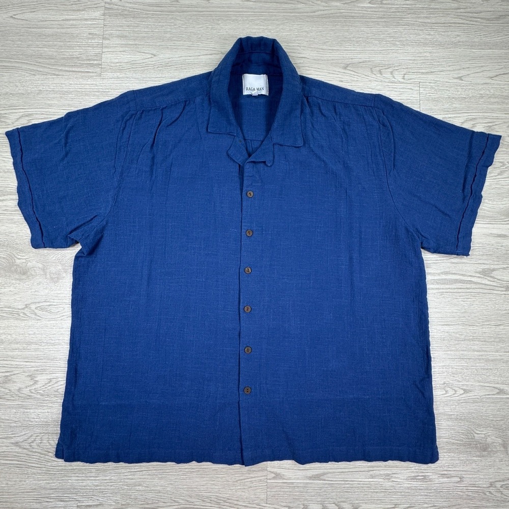 Raga Man Mens Button Up Shirt Blue XL Short Sleeve Camp Collar Cotton Slub